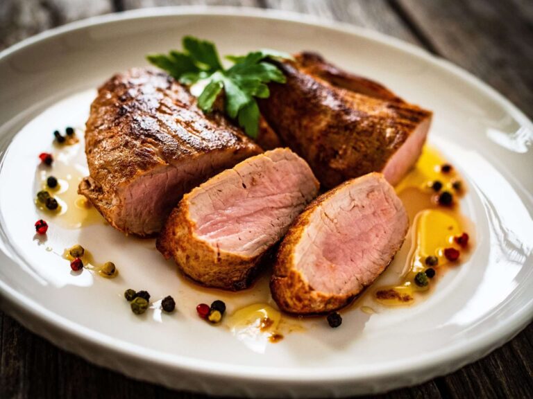 Een gastronomisch bord met gesneden eendenborst, aardappelen en saus uit een restaurant.