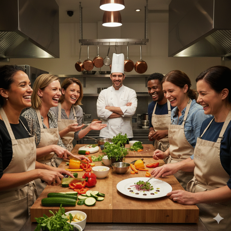 Een groep collega's of vrienden die glimlachen en genieten van een maaltijd aan een grote eettafel.